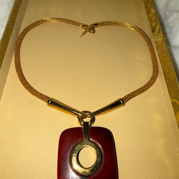 Trifari Gold Necklace with Red Pendant - Picture 3 of 9